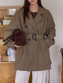 DAZY Women's Lapel Short Belted Loose Casual Trench Coat Jacket Fall/Winter - Khaki - View 4
