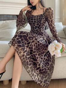 DAZY 优雅豹纹单肩喇叭袖连衣裙，女士秋季连衣裙 - 咖啡棕 - 查看 1