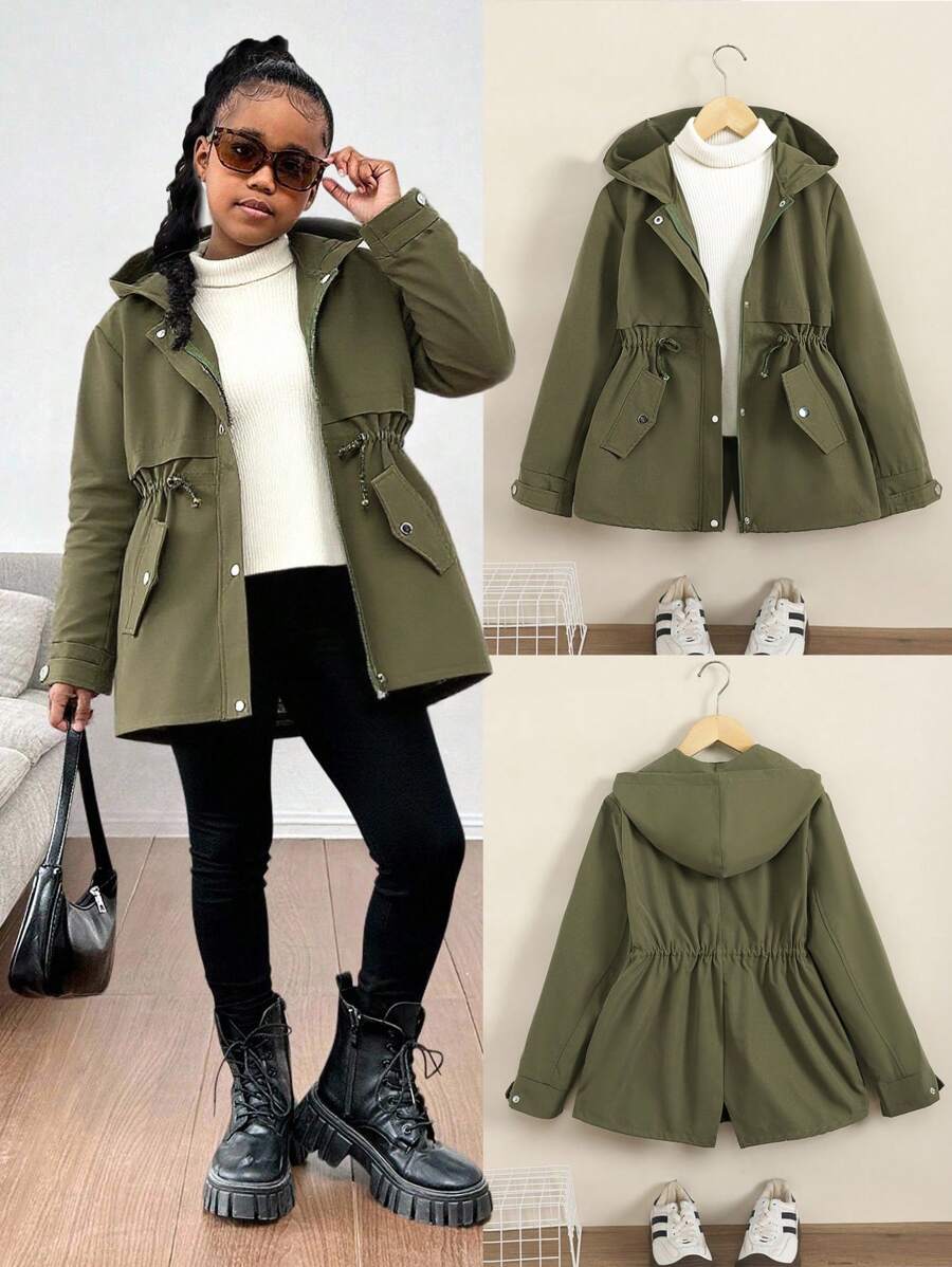 SHEIN 秋冬季青少年女孩休闲军绿色宽松连帽抽绳可调节腰部派克大衣 - 軍綠色 - 查看 1
