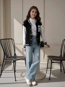 Tween Girl Letter Patched Striped Trim Drop Shoulder Varsity Jacket - Black and White - View 8