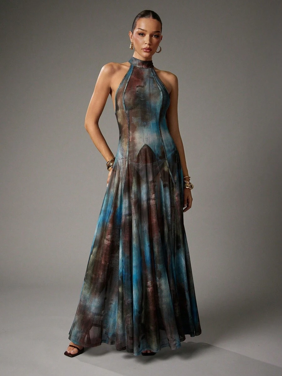 Hauture Women's Sexy Abstract Print Halter Summer Vacation Beach Elegant Maxi Dress - Multicolor - View 1