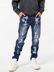 Tween Boy Fashion Stone Washed High Waist Ripped Slant Pocket Jeans With Artistic Print - Medium Wash - View 1