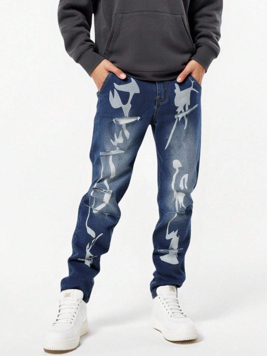 Tween Boy Fashion Stone Washed High Waist Ripped Slant Pocket Jeans With Artistic Print - Medium Wash - View 1