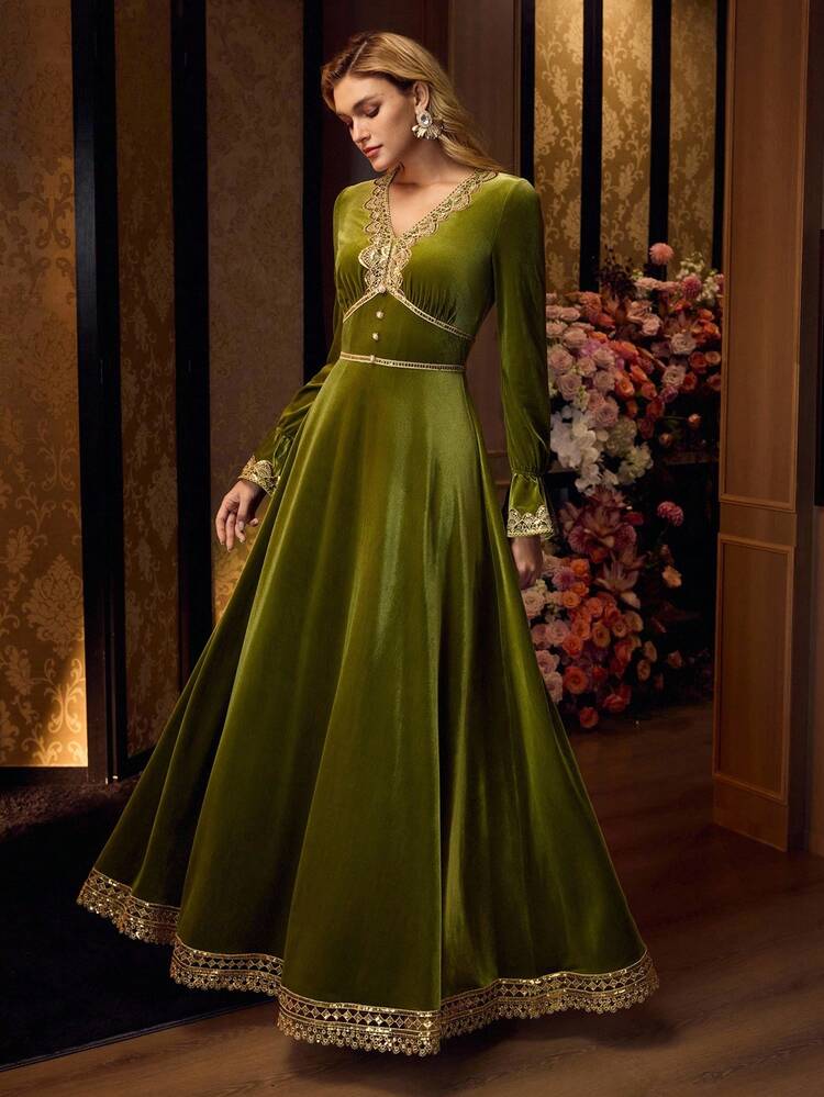 ELEGANT APPLIQUE DECOR LONG SLEEVE DRESS