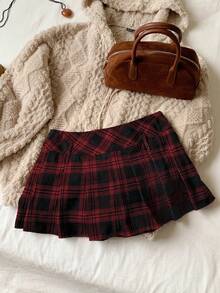 Comfortcana 女式休闲格子褶皱A字裙，秋季 - 紅色 - 查看 3