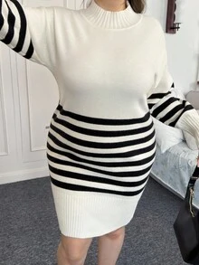 SHEIN EZwear Plus Size Color Block Striped Stand Collar Fitted Knit Dress, Casual & Commute Autumn Winter Clothes For Women - Black and White - View 6