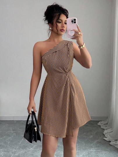 Elenzga Vestido asimétrico de línea A con cuello a rayas, cintura con nudo y parches asimétricos para mujeres