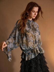 MOTF PREMIUM 女士雪纺面料花卉印花不对称荷叶边领衬衫 - 彩色 - 查看 4