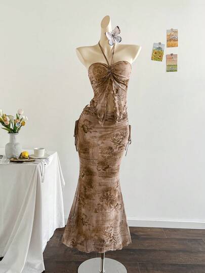 Soleia 春夏度假优雅新款露肩无袖印花网眼上衣和百褶裙两件套