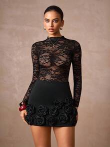 SHEIN x Lina Lumalex 早春3D立体花卉修身A字迷你裙，适合女士，尽显奢华新年新风尚，低调奢华，适合舞会、聚会、宴会、晚宴、节日派对、锐舞派对、音乐节、郊游、度假、户外、婚礼季、宴会、宰牲节、新年派对、晚宴、晚会、秋季派对裙装。 - 黑色 - 查看 7