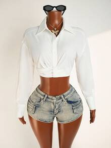 Mistrie Casual Solid Color Cropped Shirt, Spring & Autumn,Long Sleeve Tops Fall Cloth For Women - White - View 6
