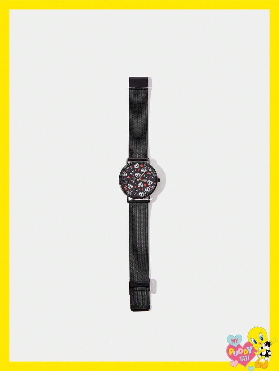LOONEY TUNES X SHEIN Cartoon & Heart Pattern Round Dial Quartz Watches - Black - View 1