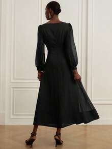 Aveloria Rosie New Romantic Vintage Tea Party Dress, Loose Fit Slimming, Elegant Off Shoulder Ruched Design, Lightweight Sheer Fabric, Puff Sleeves, Solid Color - Black - View 2