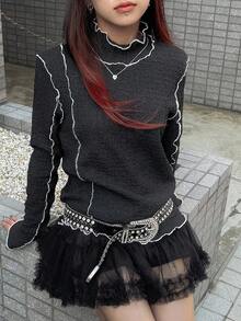 FRIFUL 女式黑色立领长袖撞色修身休闲T恤，秋季 - 黑色 - 查看 3