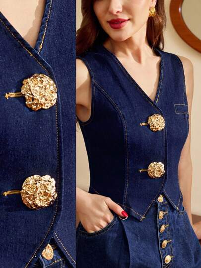 Vintamour 女式金属花单排扣V领无袖时尚牛仔上衣