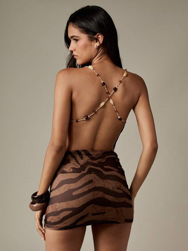 MISSGUIDED Tiger Print Mini Dress Halter Chain Strap Draped Neckline Cowl Front Party Club Night Out Midi Brown Bodycon Vintage Y2K Style