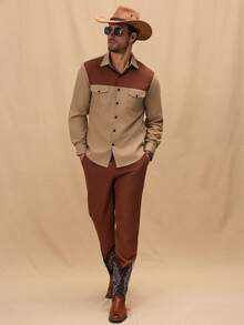 Manfinity Nomadique Conjunto de camisa y pantalones casuales para hombres con bloques de color y parches - Caqui - Ver 1