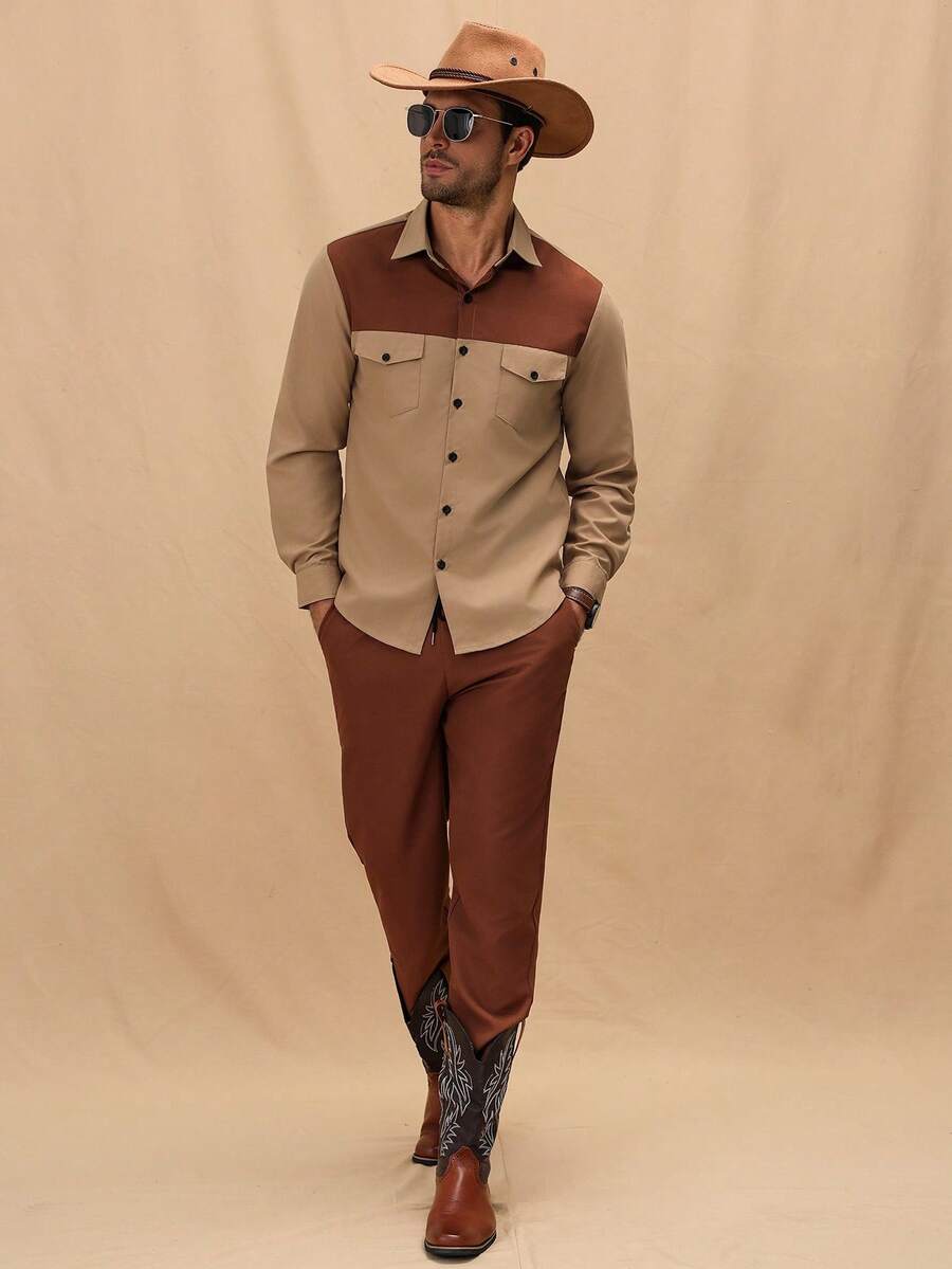 Manfinity Nomadique Conjunto de camisa y pantalones casuales para hombres con bloques de color y parches - Caqui - Ver 1