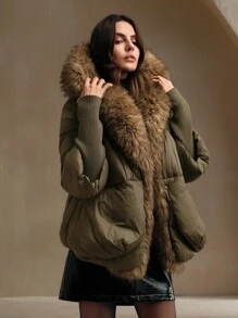 Anewsta Short Thick Hooded Jacket With Extra Large Furry Collar And Ribbed Cuffs