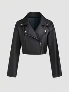 Ellegaria. 拉链短款机车夹克，女士深秋休闲拉链落肩翻领常规版型黑色纯色女士夹克，休闲日常穿着 - 黑色 - 查看 3