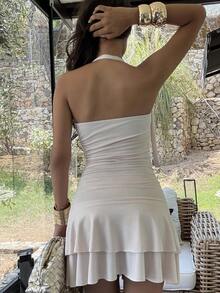 Ronhire New Hanging Necklace Spiral Gold Jewelry Design Waisted Slimming Tiered Mini Dress For Women - Apricot - View 2