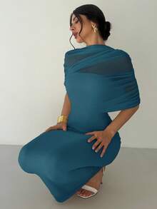 Firerie 优雅浪漫的黄色纯色荷叶边领口不对称褶皱腰身修身连衣裙，女士沙滩装、机场装、度假装、教师装 - 水鴨藍 - 查看 7