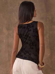 SHEIN BAE Top ajusté à col rond sans manches avec motif floral floqué pour femmes, idéal pour Halloween, la rentrée, le style décontracté chic, les sorties, les clubs, le style années 2000, le style bohème chic