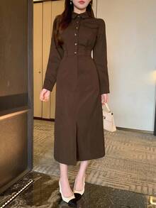 DAZY Women's Casual Solid Color Shirt Dress With Fake Pockets And Side Slits, Long Length, Autumn Maxi Dress - Brown - View 4