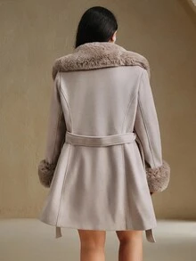 Anewsta 女士加大码中长款翻领可拆卸人造毛领收腰优雅休闲大衣，秋冬款 - 淺灰紫 - 查看 7