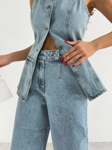 EURMUSE Set di donna composto da un gilet di jeans casual monopetto e jeans - Lavaggio chiaro - Visualizzare 5