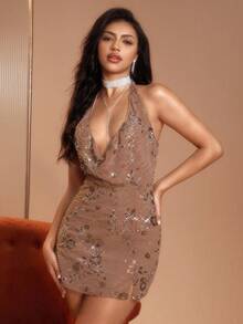 Glamine 性感亮片露背挂脖迷你连衣裙，夏秋季女装返校季