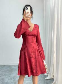 Modelyn Women's Burgundy Sexy Deep V-Neck Long Sleeve Bodycon Midi Party Dress Fall Cloth For Women - Burgundy - View 6