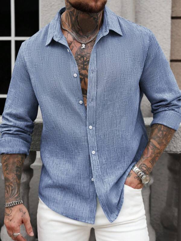 Manfinity CasualCool Camisa de lino de manga larga con solapa única casual para hombres, camisa de lino para hombres, camisa de lino azul polvoriento para hombre, camisa casual para hombre, camisa de lino azul, otoño