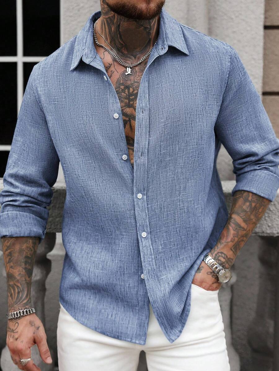 Manfinity CasualCool Men's Single-Breasted Casual Linen Long Sleeve Shirt Linen Men Shirt Men Linen Shirt Dusty Blue Shirt For Men Casual Men Shirt Blue Linen Shirt,Fall - Medium Wash - View 1