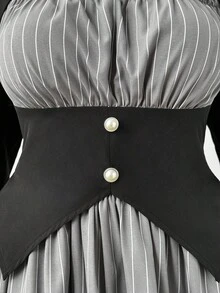 Sunspun 优雅万圣节角色扮演黑暗洛丽塔喇叭袖镂空设计上衣 + 条纹泡泡裙套装 - 彩色 - 查看 6