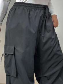 SHEIN CURVE+ 大码女式纯色抽绳腰带口袋褶皱阔腿裤 - 灰色 - 查看 8