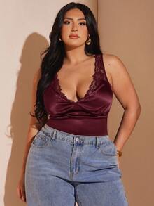 SHEIN BAE Plus Size Women Lace & Satin Splice Minimal Camisole, Suitable For Date Night, Friend Gathering, Birthday Party, Cocktail Party, Valentine's Day, Night Club, Holiday Party,Women's Solid Color Lace And Satin Camisole Tank Top, Suitable For Date Night, Girlfriends Gathering,School Clothes,Fall Clothes,Autumn,Y2k Clothes,Night Out/,
