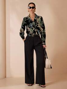 Glamance Joyce Ellen Black Floral Print Casual Elegant Modest Minimalist Women Long Sleeve Collared Shirt, Suitable For Daily, Work, Outing, Office, Travel, Teacher's Day, Bohemian, Autumn/Winter Leopard Print Blouse Tropical Print Blouse Women Print Blouse - Multicolor - View 3