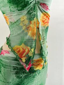 Soleia Bộ 2 món áo lưới in họa tiết không tay không dây và chân váy xếp ly thanh lịch cho kỳ nghỉ xuân/hè - Nhiều màu - Xem 8