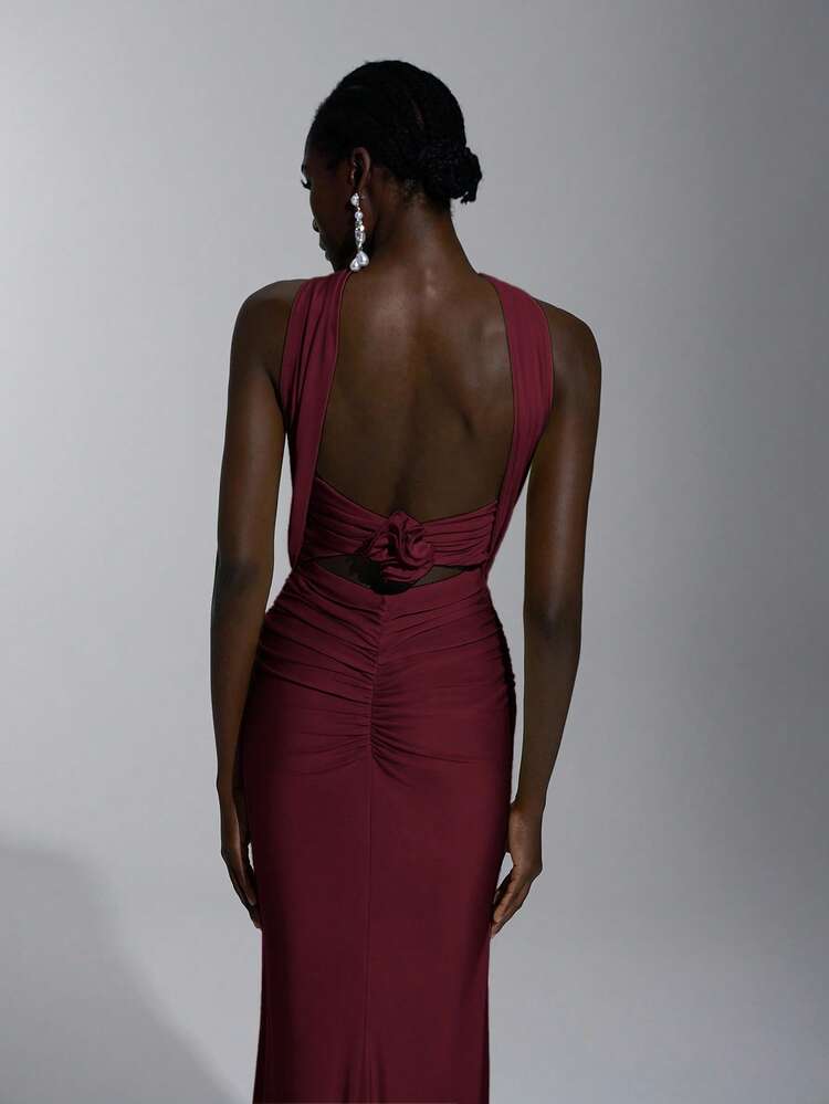 SHEIN Belle Elegant, Romantic, Sexy, Minimalist, Light Yellow Knit Elastic Strapless Backless Bodycon Dress, Fashionable, Influencer Style, Suitable For Holidays, Parties, Weddings, Bridesmaid - Burgundy - View 8