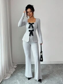 Elenzga 女士优雅蓬松罗纹针织蝴蝶结领长袖收腰上衣和喇叭裤两件套 - 灰色 - 查看 5