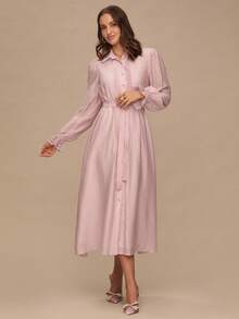 Enchnt 秋冬浪漫女士优雅粉色简约前扣撞色蕾丝长袖长裙 - 粉色 - 查看 3