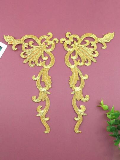 1 par de Patches Adesivos Termocolantes Bordados com Flor na Cor Dourada para Decoração de Vestido de Casamento, Aplique Floral, Fantasia