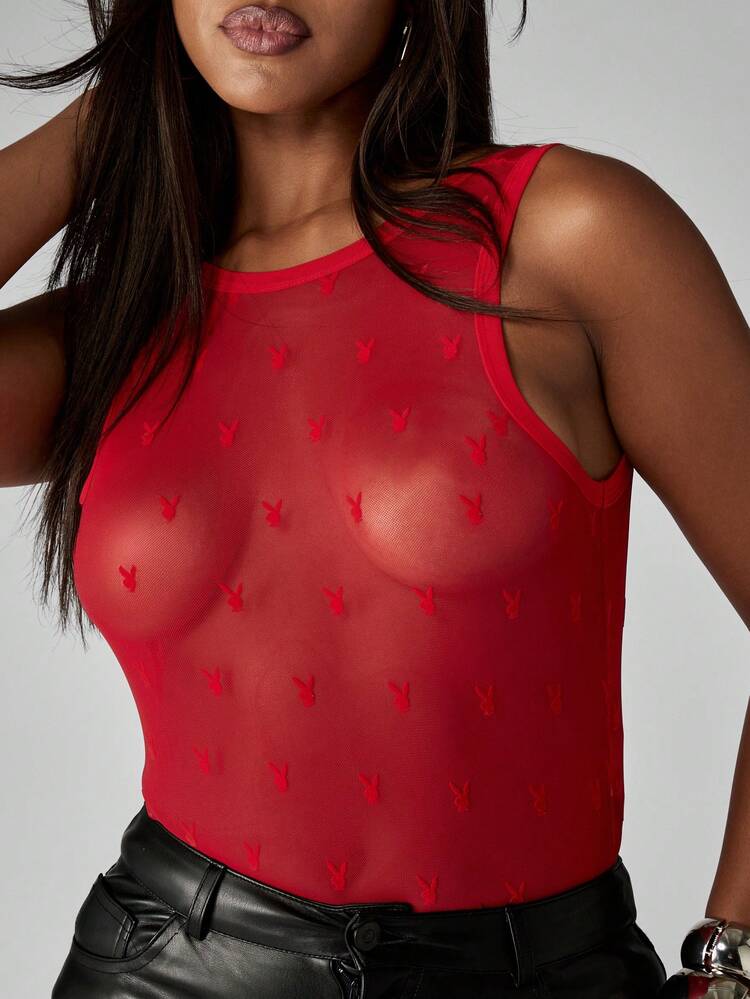 Missguided x Playboy Christmas Mesh Bunny Logo Print High Neck Bodysuit Clubwear Streetwear Fashion Statement Piece Form Fitting Design Holiday Party Essential