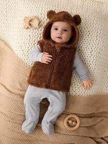 Cozy Pixies 新生女宝宝卡通动物图案针织柔软圆领长袖连体衣和无袖背心两件套，包括小熊套装、泰迪熊宝宝羊羔绒背心和连帽婴儿服，适合冬季和秋季穿着。 - 彩色 - 查看 5