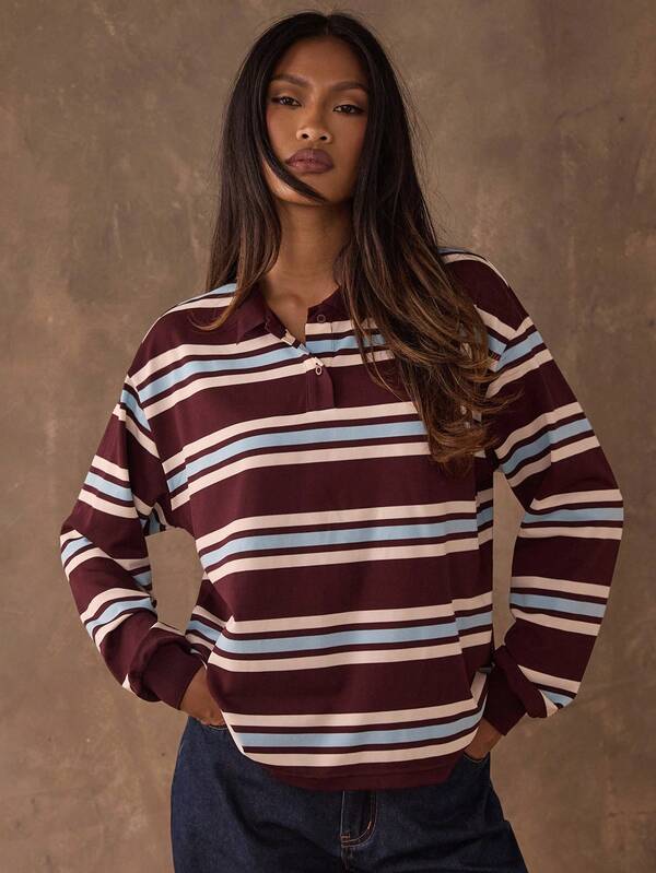 SHEIN BAE Women's Casual Colorblock Striped Long-Sleeved T-Shirt, Autumn And Winter, Coffee Brown Contrasting Tops, Casual Tops, Going Out Tops,Fall Outfits For Women ,Fall '25 Looks: Women,T Shirts Women,Oversized T Shirt,Old Money Style Women