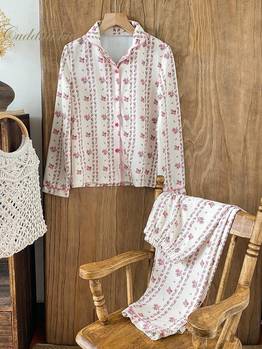 2pcs Girls Casual Ditsy Floral Long Sleeve Top And Pants Loungewear Set