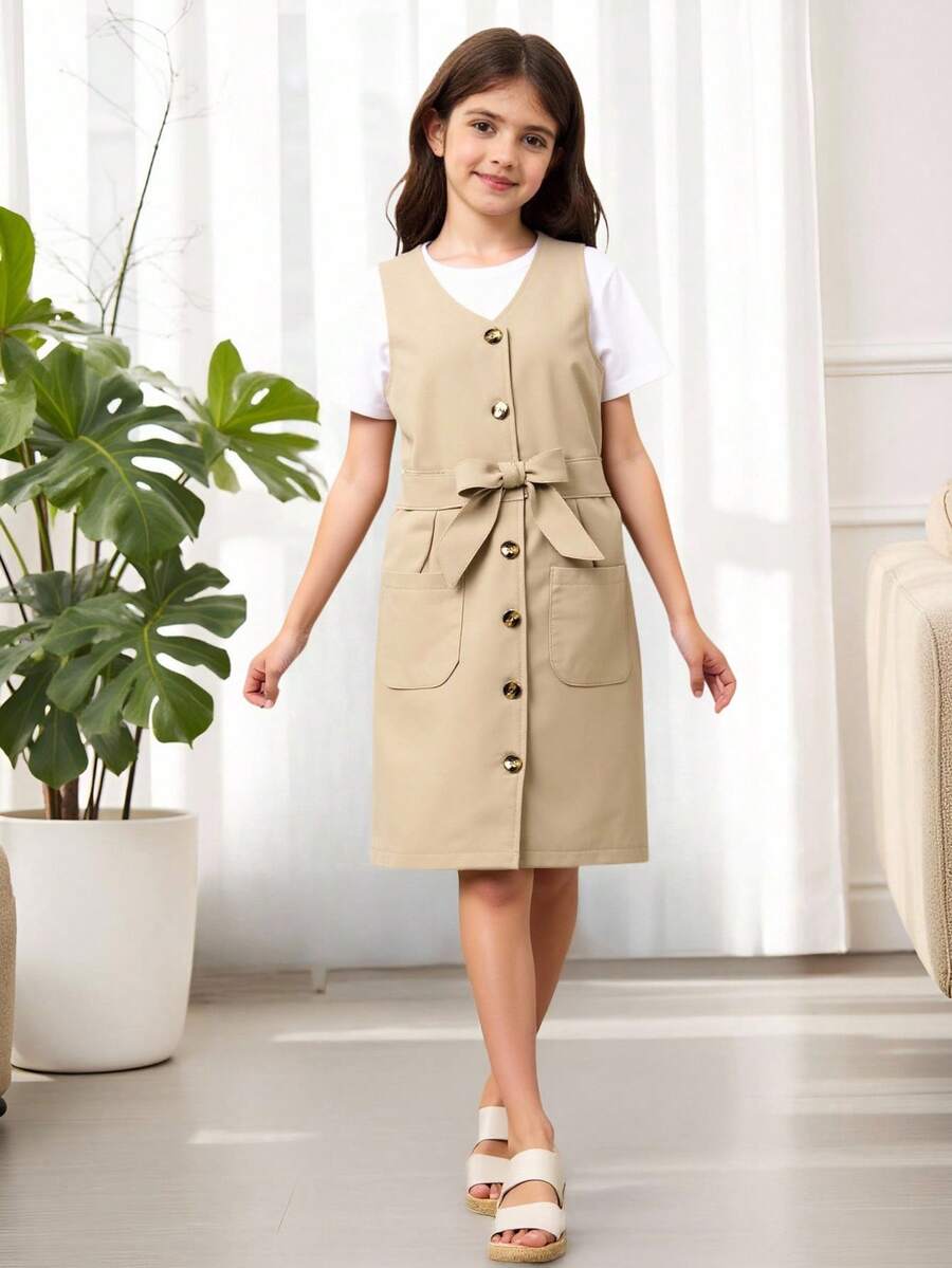 SHEIN Tween Girl Button Front Belted Dual Pocket Dress Without Tee - Khaki - View 1