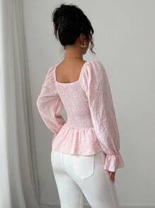 Elenzga New Women's Square Collar Long Sleeve Woven Jacquard Fabric Chest Pleated Front Bowknot Design Ruffle Hem Cinched Waist Elegant Casual Blouse, Spring/Autumn Fall Cloth For Women - Pink - View 2