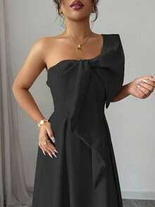 Selianne Asymmetric Big Bowknot Waist A-Line Elegant Romantic Women Dress - Black - View 6
